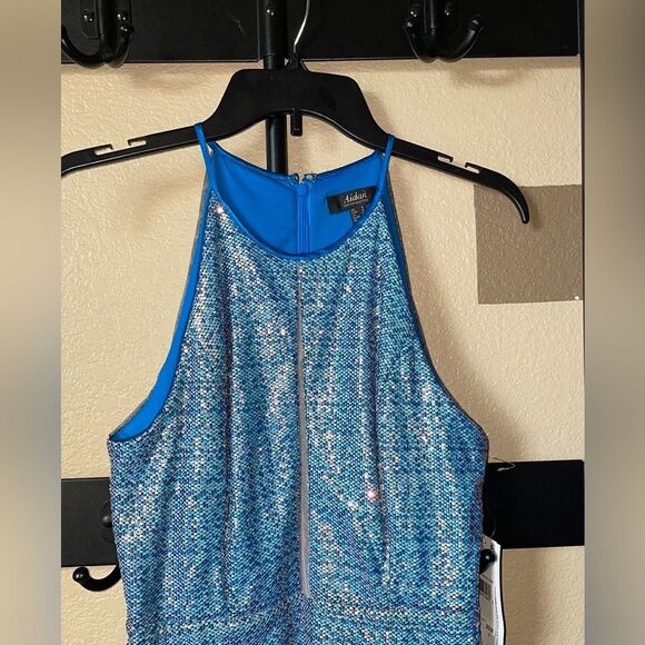 AIDAN MATTOX Sequined Tulle Halter Mini Dress size 6 NWT Cutout Sheath Cocktail - Picture 6 of 11